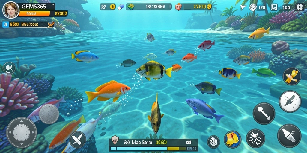 Tampilan gameplay seru GEMS365 saat menangkap ikan.