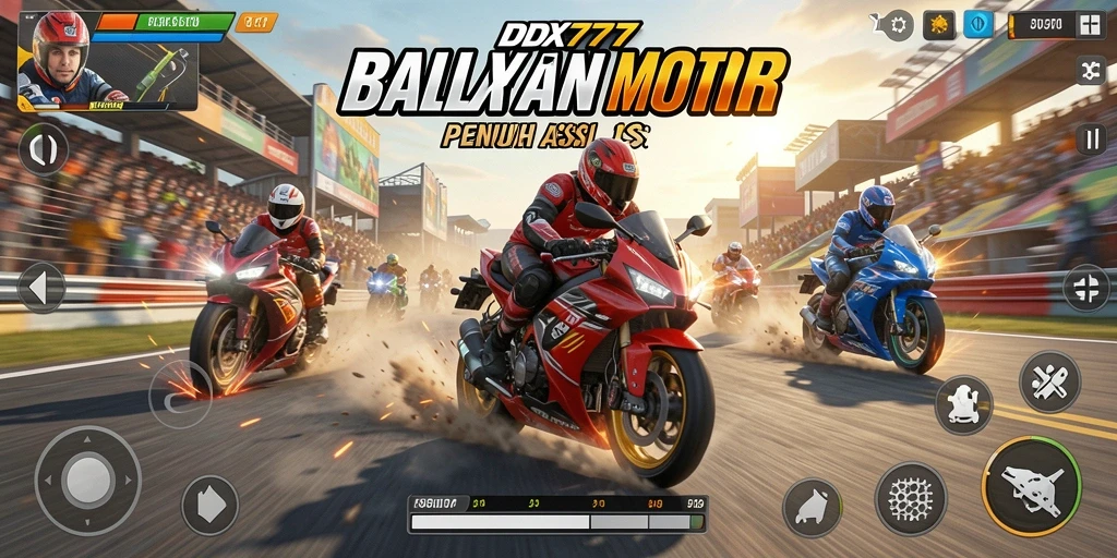 Tangkapan layar gameplay IDX777 menonjolkan aksi balapan motor yang mendebarkan.