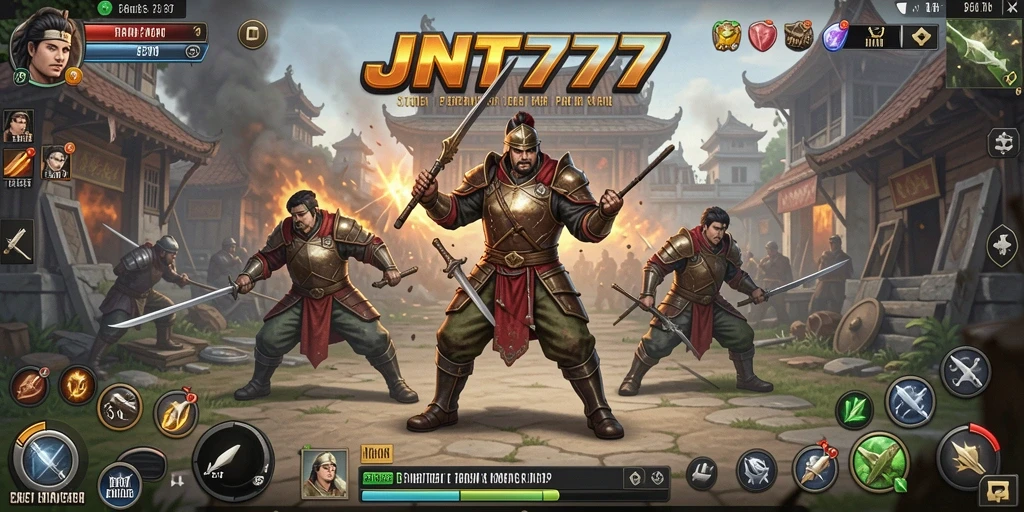Screenshot utama JNT777 menampilkan pertempuran strategi yang seru.