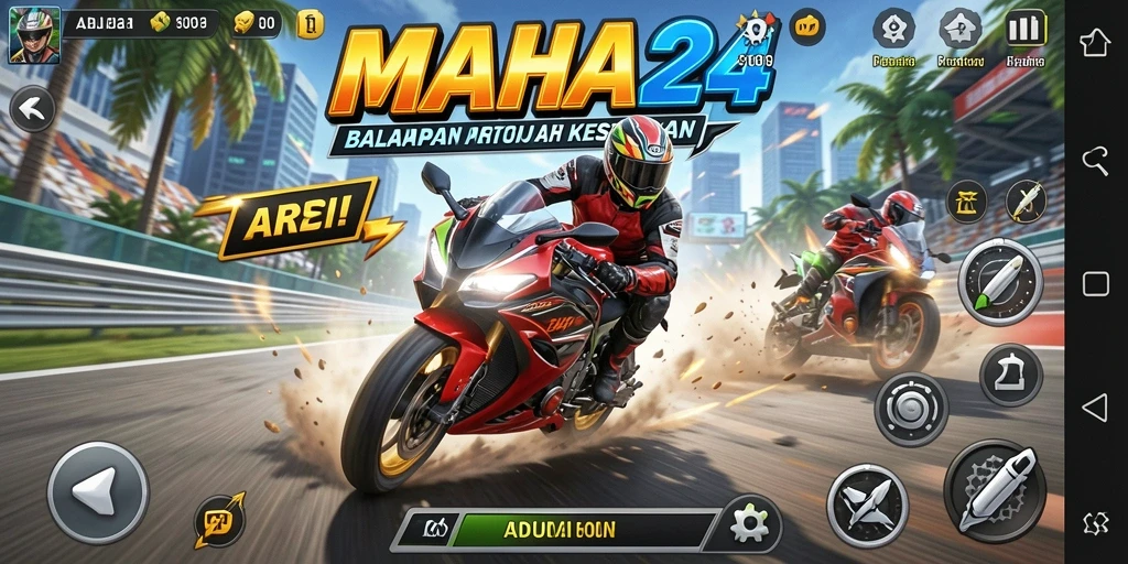 Screenshot gameplay MAHA24 dengan aksi balapan motor yang seru.