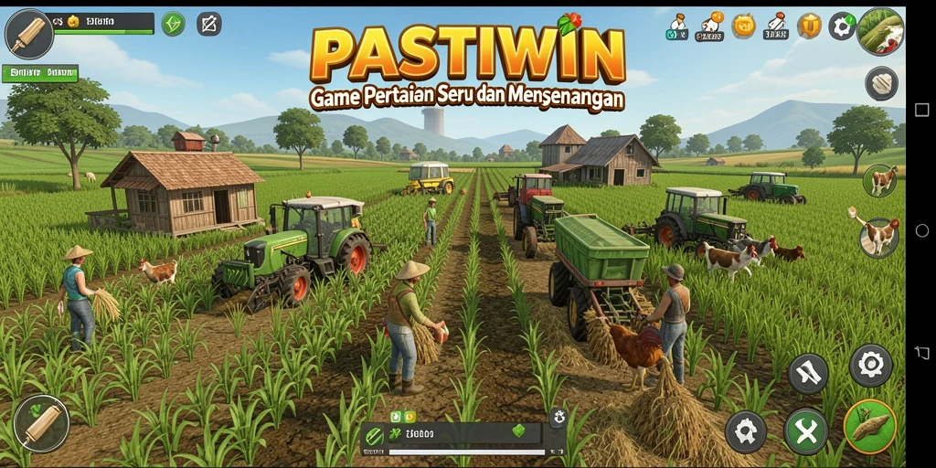 Tangkapan layar gameplay PASTIWIN menampilkan ladang subur dan hewan ternak yang bahagia.
