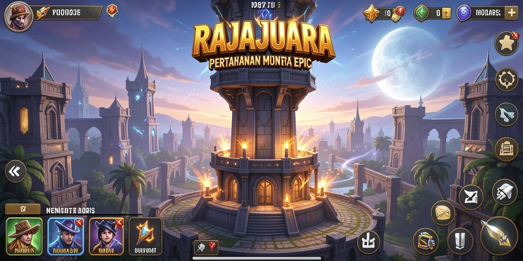 Tangkapan layar dari <strong>RAJAJUARA</strong> menunjukkan aksi menara pertahanan yang mendebarkan.