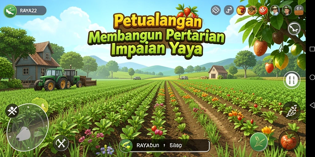 Tampilan screenshot gameplay RAYA22 yang menggambarkan suasana pertanian yang ramai.